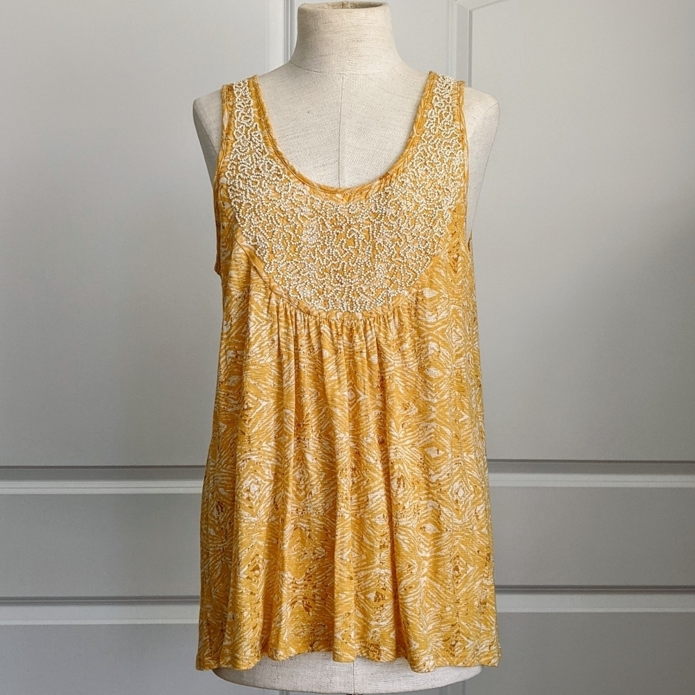 Lucky Brand Tank Top Beaded Sleeveless Scoop Neck Goldenrod White Camel M NWT